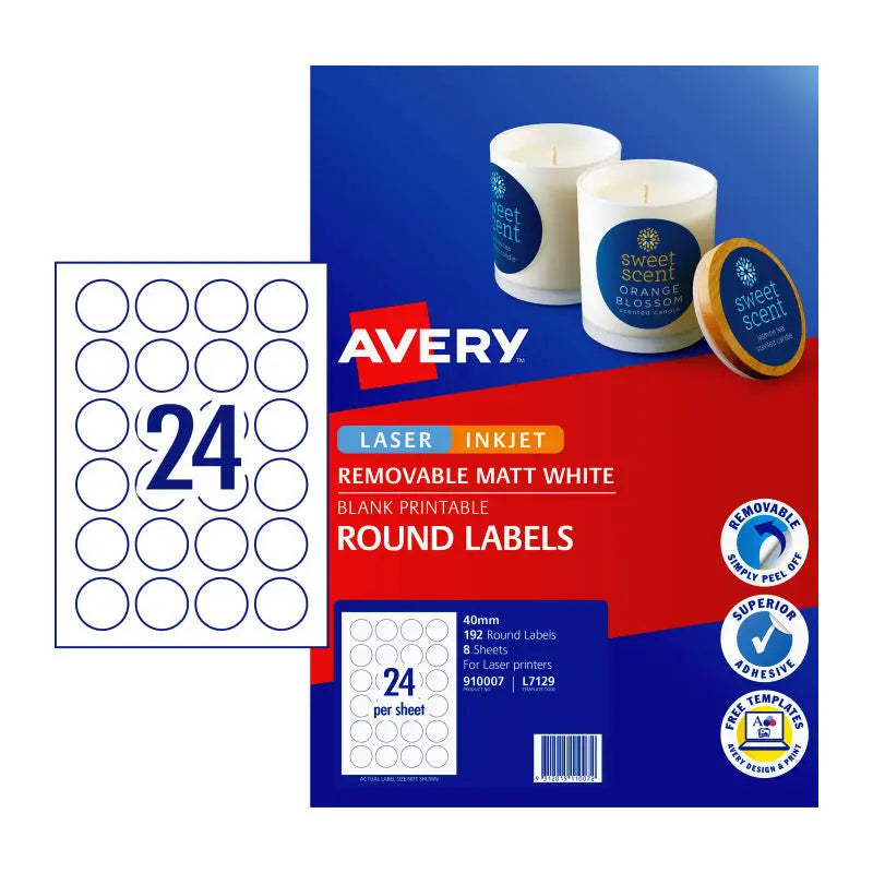 Avery Round Labels L7129 40mm (24 Per Sheet, Pack of 8) – AV910007 Avery