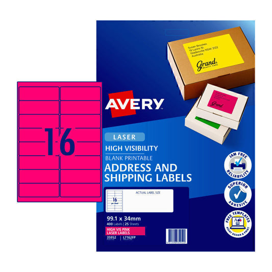 Avery Laser Label Pink Fluoro L7162FP 16Up Pk25