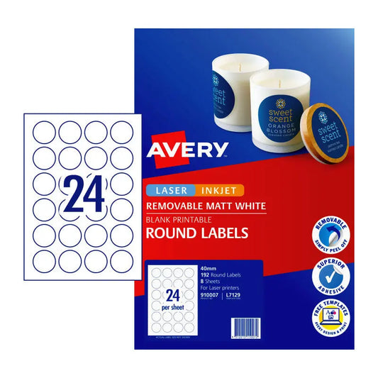 Avery Round Labels L7129 40mm (24 Per Sheet, Pack of 8) – AV910007 Avery