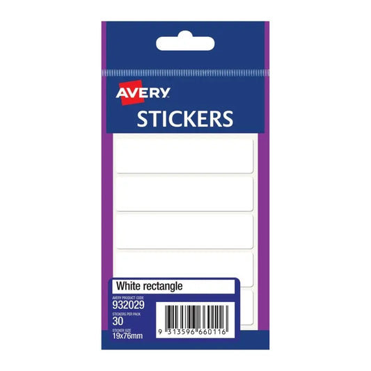 Avery White Rectangle Stickers 19x76mm (30 Pack, Box of 10) – AV932029 Avery