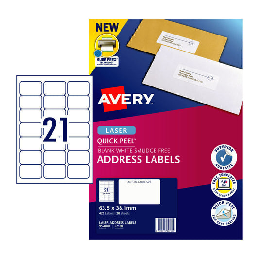 Avery Laser Label Quick Peel L7160 21Up Pk20