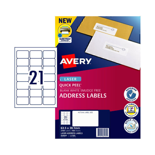 Avery Laser Label Quick Peel L7160 21Up Pk100