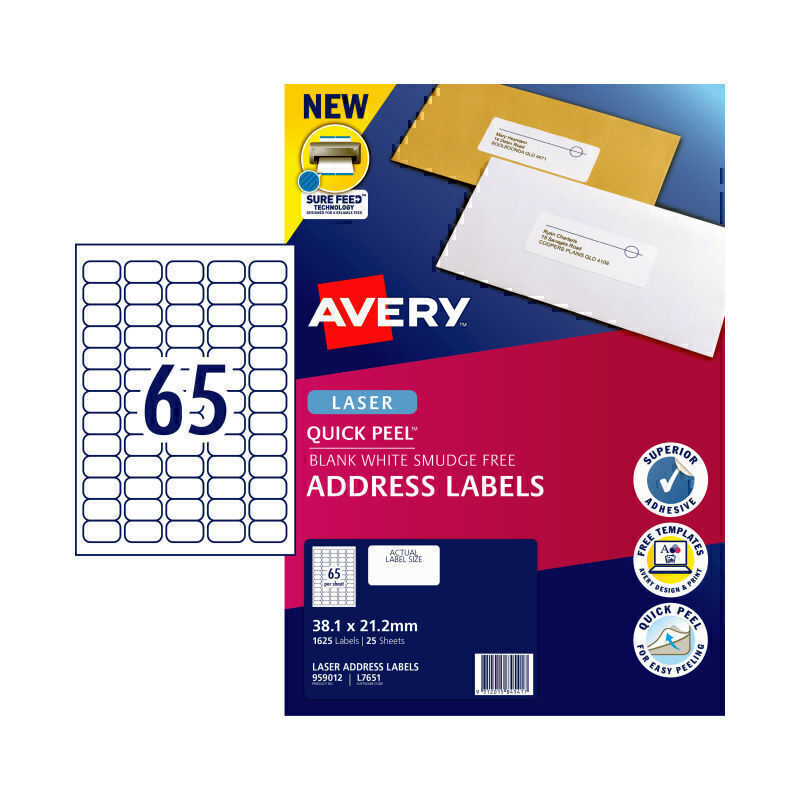 Avery Address Laser Label L7651 65Up Pk25