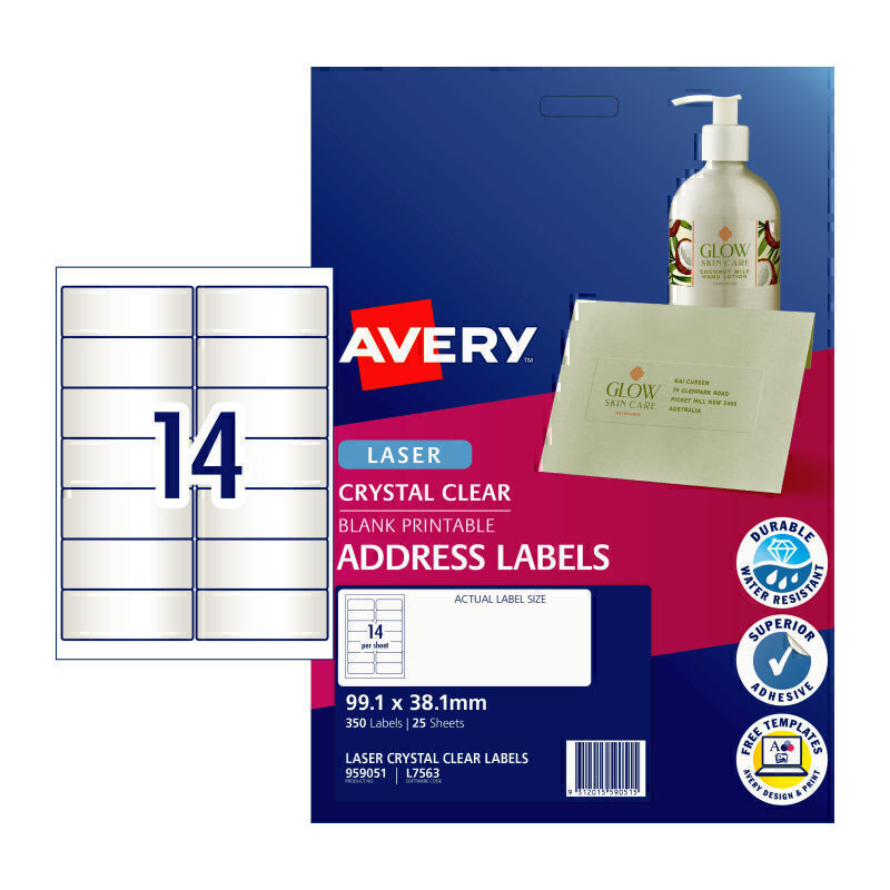 Avery Laser Label Clear L7563 14Up Pk25