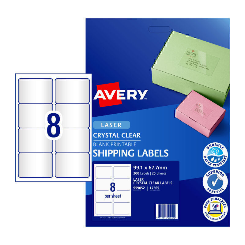 Avery Laser Label Clear L7565 8Up Pk25