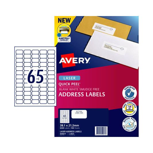 Avery Address Laser Label Quick Peel L7651 65L Pk100