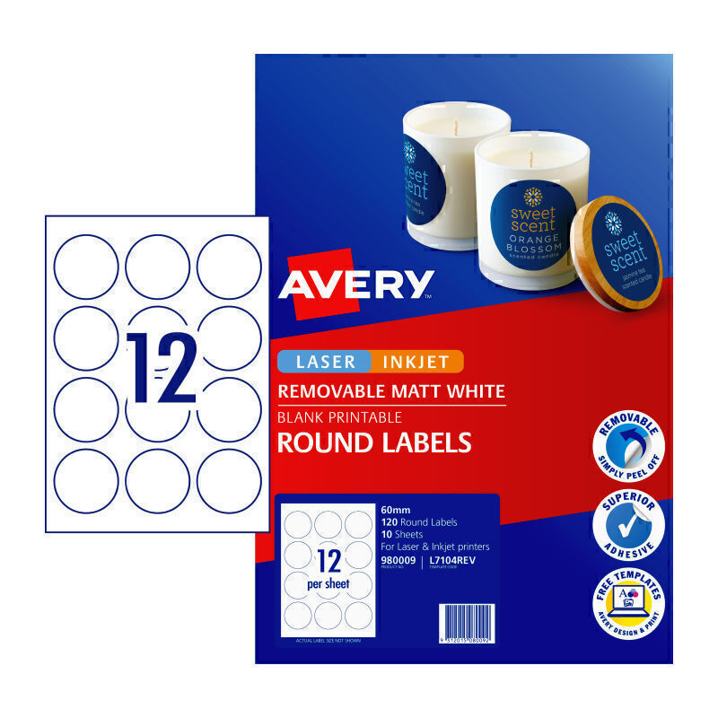 Avery Laser Label Round L7104 60mm 12Up Pk10